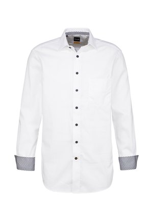 Camicia bianca con maniche lunghe, polsini a motivo a contrasto e taschino sul petto. Bottoni neri accentuano la patta anteriore.