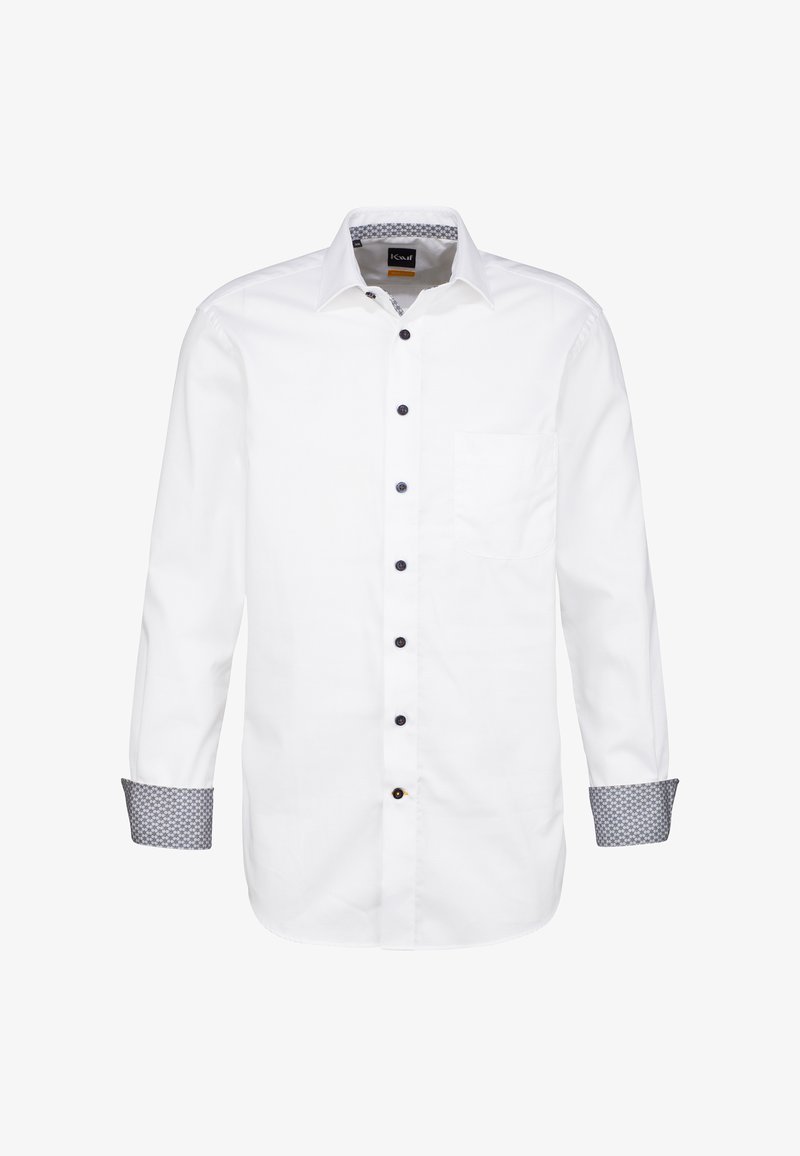 Camicia bianca con maniche lunghe, polsini a motivo a contrasto e taschino sul petto. Bottoni neri accentuano la patta anteriore.