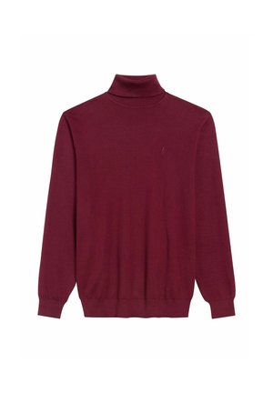 Burgundowy sweter z golfem wykonany z miękkiego materiału, z długimi rękawami i prążkowanym kołnierzem, ozdobiony małym logo na klatce piersiowej.