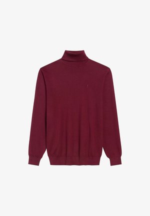 Burgundowy sweter z golfem wykonany z miękkiego materiału, z długimi rękawami i prążkowanym kołnierzem, ozdobiony małym logo na klatce piersiowej.