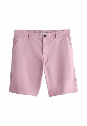 Pantaloni scurți roz deschis pentru bărbați, până la genunchi, cu buzunare laterale, bucle pentru curea și închidere frontală cu nasture negru în talie.