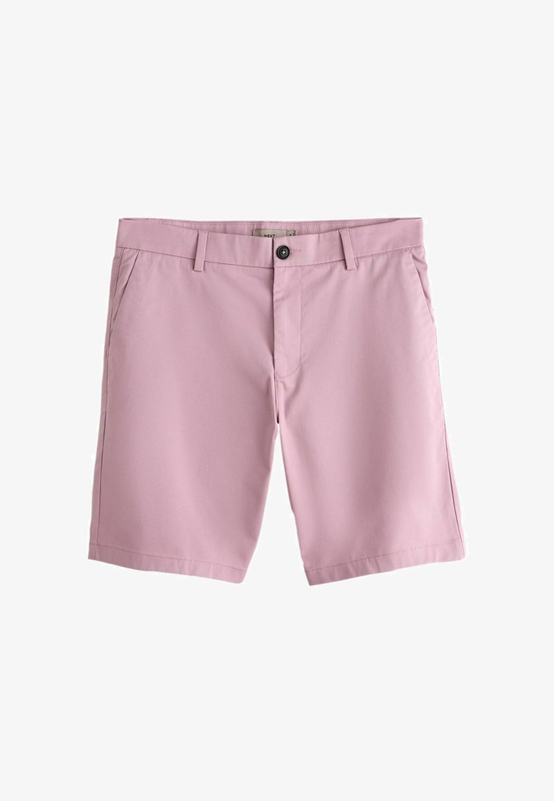 Shorts pour hommes rose clair, longueur au genou, avec poches latérales, passants pour ceinture et fermeture à bouton noir sur la ceinture avant.