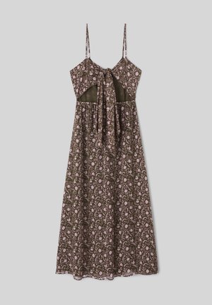 Robe midi marron sans manches avec motif floral rose, bretelles spaghetti réglables et détail noué à l'avant au niveau de la poitrine.
