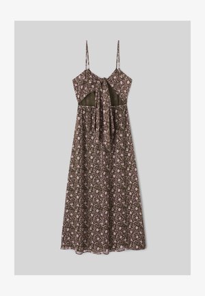 Robe midi marron sans manches avec motif floral rose, bretelles spaghetti réglables et détail noué à l'avant au niveau de la poitrine.