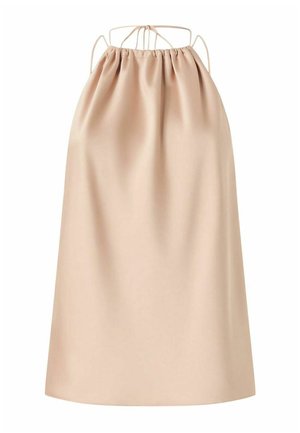 Vestito beige senza maniche con scollo arricciato e sottili spalline a spaghetti annodate sul retro.