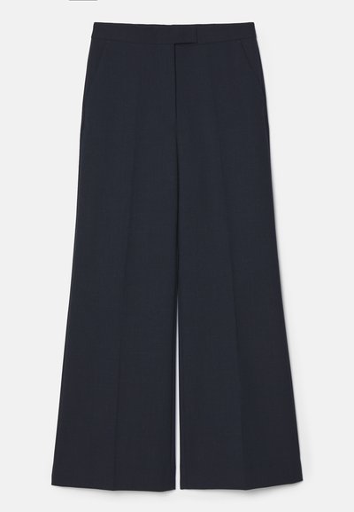 Marineblå brede bukser med høj talje, der har sidelommer og en glat vævet struktur, skræddersyet til en afslappet pasform.