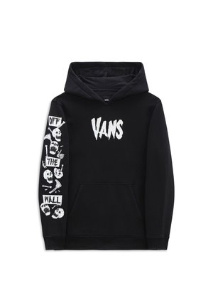 Sudadera con capucha negra de algodón, con bolsillo frontal tipo canguro. Gráficos incluyen el logo "VANS" y diseños de calaveras en blanco en las mangas.