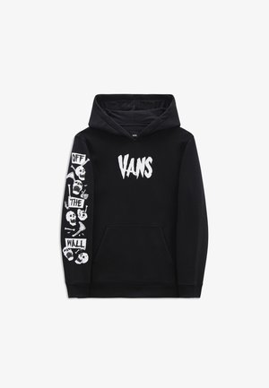 Sweat à capuche noir en coton, avec une poche kangourou à l'avant. Les motifs comprennent le logo "VANS" et des dessins de crânes blancs sur les manches.