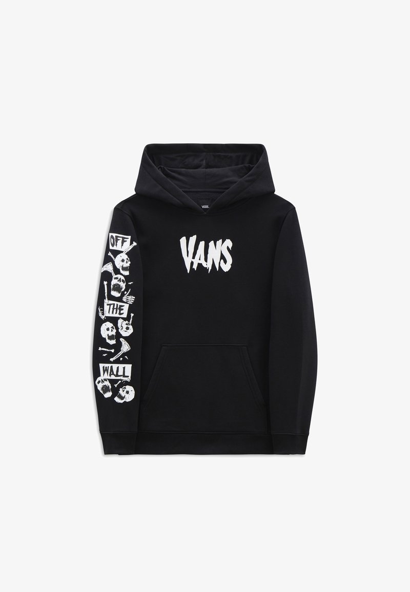 Sweat à capuche noir en coton, avec une poche kangourou à l'avant. Les motifs comprennent le logo "VANS" et des dessins de crânes blancs sur les manches.