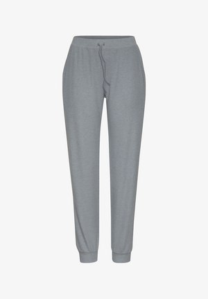 Gray jogger pants with a soft texture, elastic waistband, and adjustable drawstring. Cuffs at the ankles create a tapered fit.