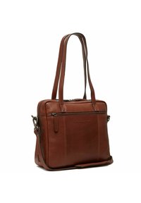 Borsa a tracolla in pelle marrone con due manici, chiusura a zip e tasca esterna. Presenta una texture liscia e dettagli di cucitura minimi.