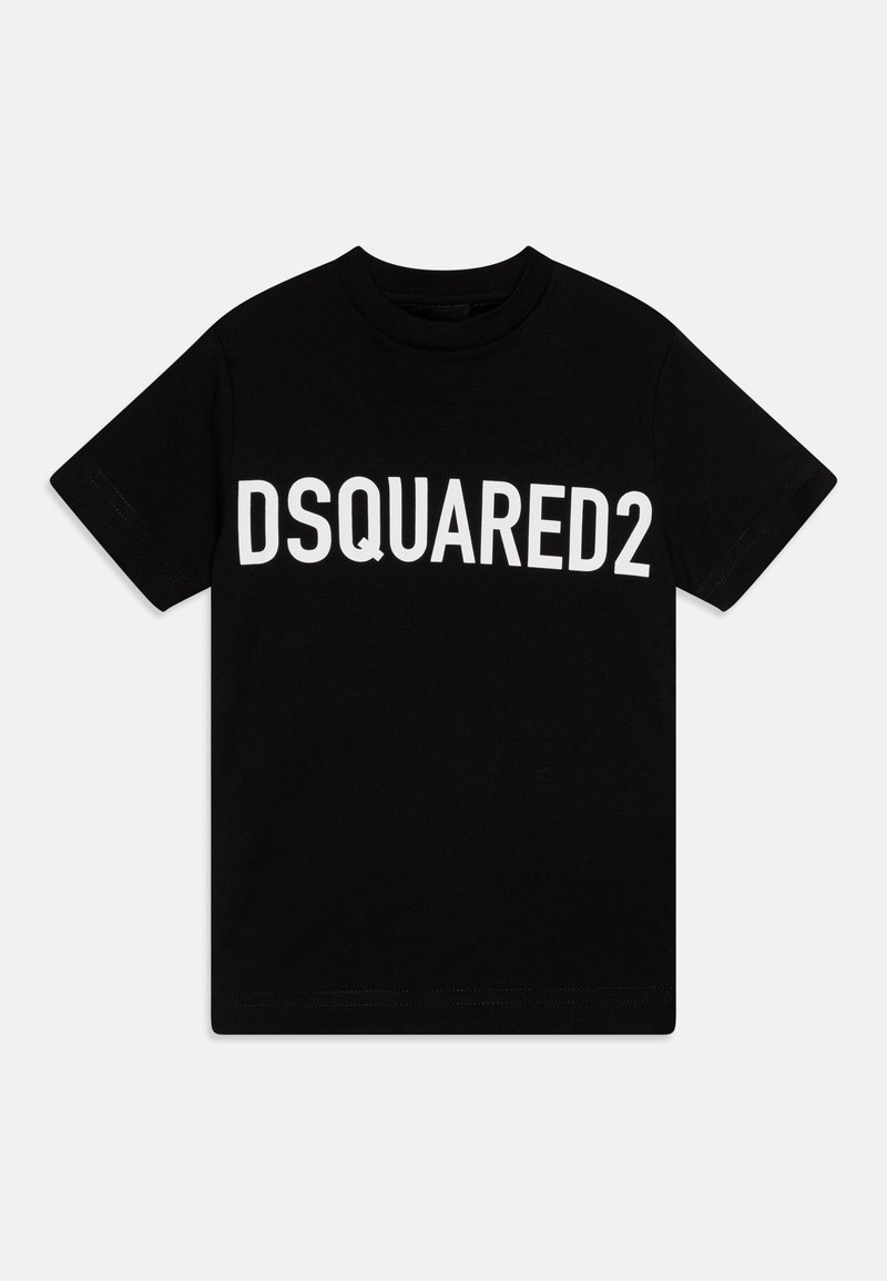 T-shirt nera in cotone con colletto girocollo e maniche corte. Presenta il logo in bianco "DSQUARED2" stampato sul davanti. Texture liscia, vestibilità standard.