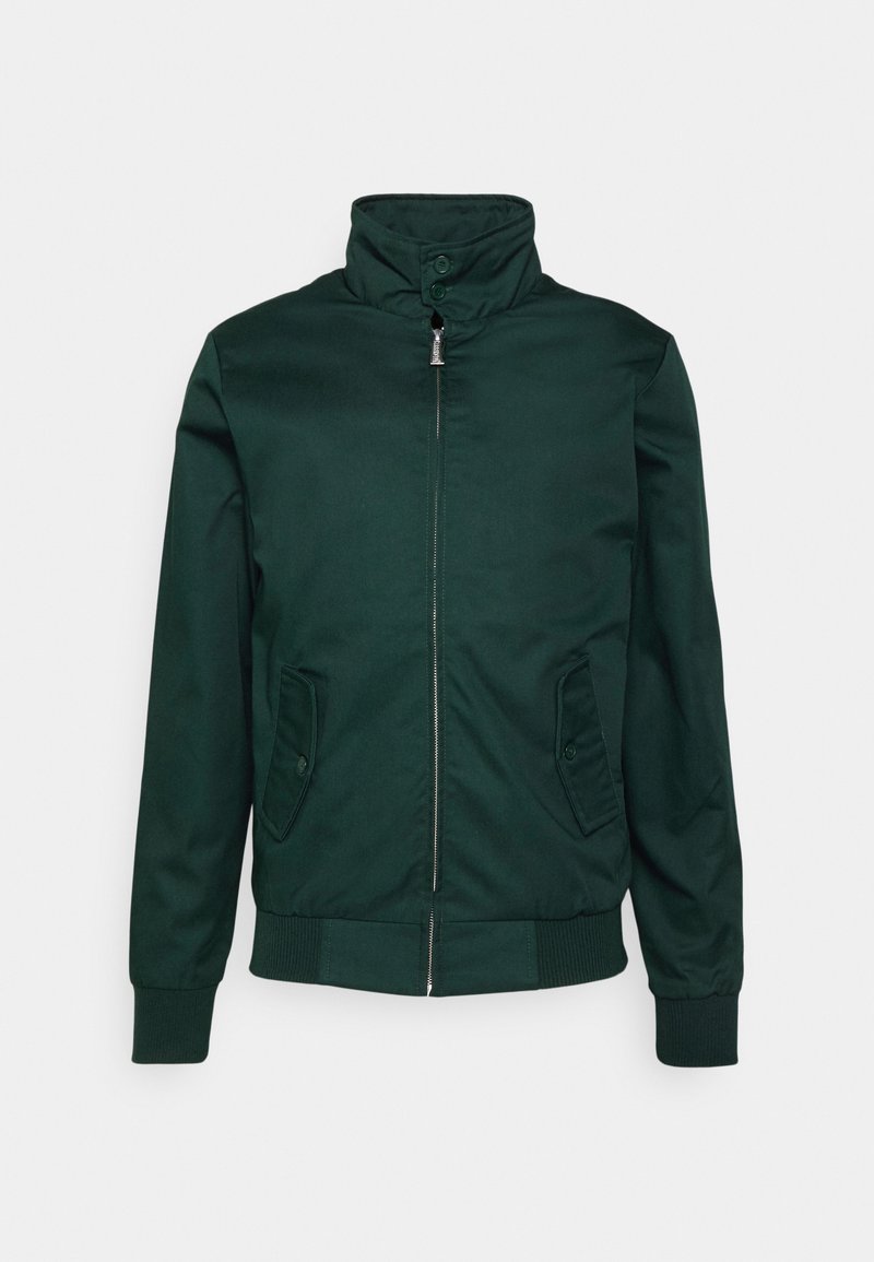 Giacca bomber verde scuro con colletto alto, zip frontale e tasche laterali. Realizzata in tessuto liscio con polsini e orlo a coste.