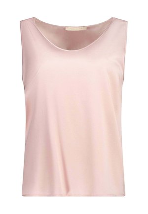 Blouse sans manches en satin rose clair avec un décolleté arrondi et une texture lisse, présentée sur fond blanc.