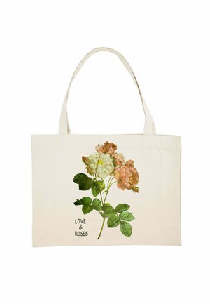 Sac en toile de coton de couleur naturelle avec un design imprimé de roses roses et crème accompagnées de feuilles vertes et le texte « LOVE & ROSES ». 
