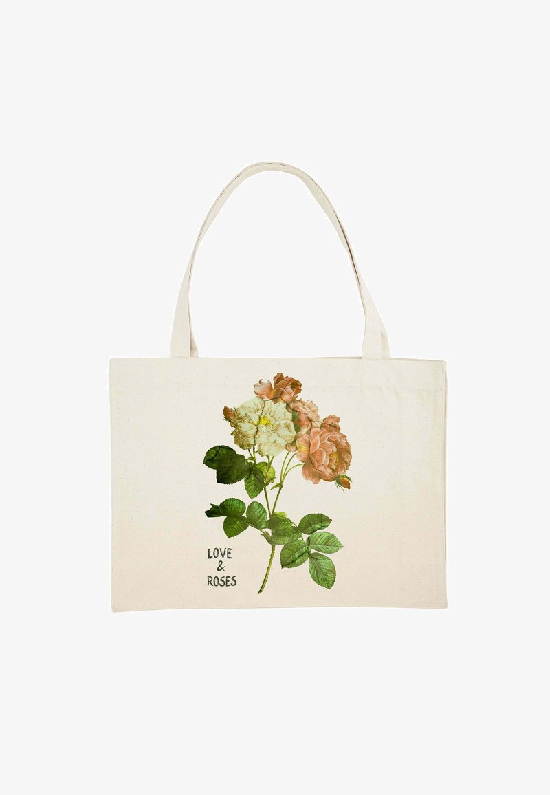 Sac en toile de coton de couleur naturelle avec un design imprimé de roses roses et crème accompagnées de feuilles vertes et le texte « LOVE & ROSES ».