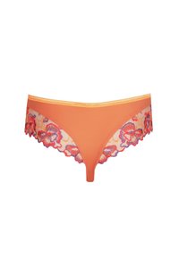 Sous-vêtements féminins orange avec détails en dentelle florale rouge, violette et jaune le long des côtés et des bords, sur fond blanc.