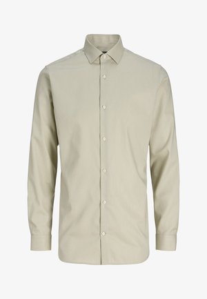 Beige Herrenhemd mit langen Ärmeln, Knopfleiste vorne und spitzem Kragen, vor weißem Hintergrund dargestellt.