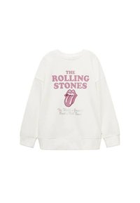 Felpa bianca con la scritta "The Rolling Stones" in rosa, accompagnata da un grande graphic della lingua rosa. Tessuto morbido, vestibilità rilassata e polsini a costine.