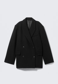 Cappotto nero doppiopetto in misto lana, con revers a punta, due tasche frontali e una finitura strutturata.