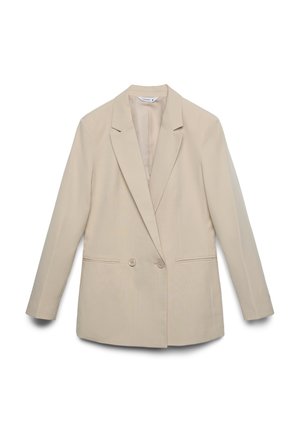 Blazer beige su misura con chiusura a doppio bottone, rever a incavo, due tasche frontali e maniche lunghe, realizzato in un tessuto liscio.
