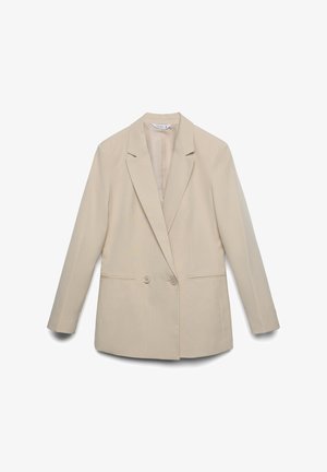 Blazer beige su misura con chiusura a doppio bottone, rever a incavo, due tasche frontali e maniche lunghe, realizzato in un tessuto liscio.