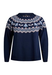 Námornícky modrý sveter s dlhými rukávmi a okrúhlym výstrihom, so vzorovaným prešívaním srdiečok, stromov a cik-cakov v ružovej a svetlomodrej farbe.