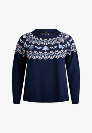 Maglione blu navy con maniche lunghe, colletto rotondo, caratterizzato da un giromanica decorato con cuori, alberi e zigzag in rosa e azzurro chiaro.