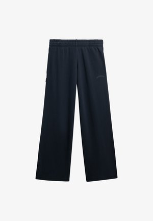 Bredde ben bukser i mørk navy stof med elastisk talje. Minimalistisk design med diskrete logo detaljer og glat tekstur.