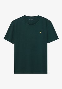 Tricou scurt cu mânecă, de culoare verde închis, fabricat dintr-un material moale, având guler rotund și un mic logo cu o pasăre galbenă pe pieptul stâng.
