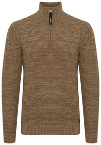 Pull marron à col montant avec une fermeture éclair d'un quart. Motif en tricot texturé avec un ourlet et des poignets côtelés. Étiquette visible sur la tirette de la fermeture éclair.