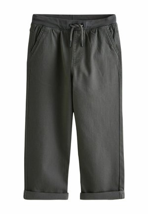 Pantalons cropped gris foncé avec taille élastique et cordon de serrage. Dispose de deux poches latérales et de bords roulés. Tissu en coton lisse.