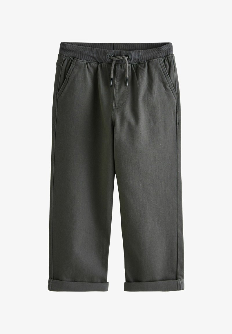 Ciemnoszare, krótkie spodnie z elastycznym paskiem i sznurkiem do regulacji. Posiadają dwie boczne kieszenie i podwinięte nogawki. Gładki materiał bawełniany.