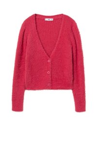 Krátký růžový cardigan s hlubokým V výstřihem, dlouhými rukávy a pěti knoflíky vpředu. Tkanina má chlupatý, texturovaný vzhled.