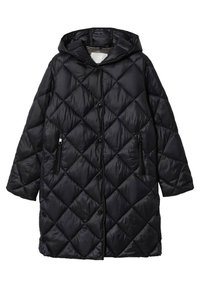 Sort quiltet dunjakke med hætte, med diamantmønster, trykknapper og to sidelommer med lynlås. Glat, skinnende tekstur.