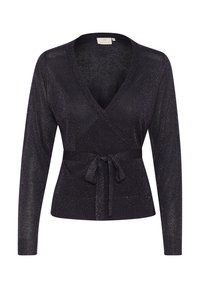 Cardigan enveloppant violet foncé en tissu tricot scintillant, avec des manches longues, un col en V et une ceinture à nouer à la taille pour l'ajustement.