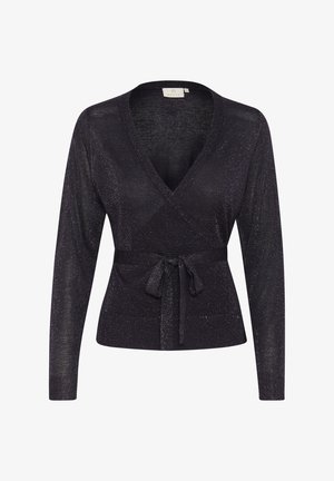 Dark purple wrap cardigan made of shimmering knit fabric, featuring long sleeves, a V-neck, and a self-tie waist belt for adjustment.