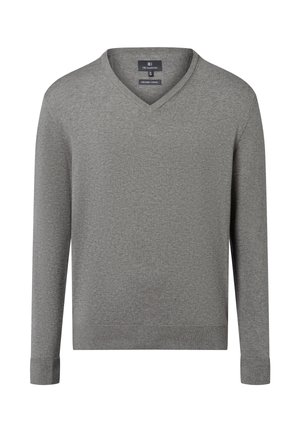 Grauer Organic-Cotton-Pullover mit V-Ausschnitt, langen Ärmeln und gerippten Bündchen. Glatte Textur und ein schlichtes, klassisches Design.