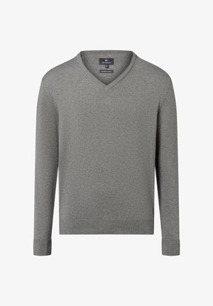 Gray organic cotton sweater with a V-neck, long sleeves, and ribbed cuffs. Smooth texture and a simple, classic design.