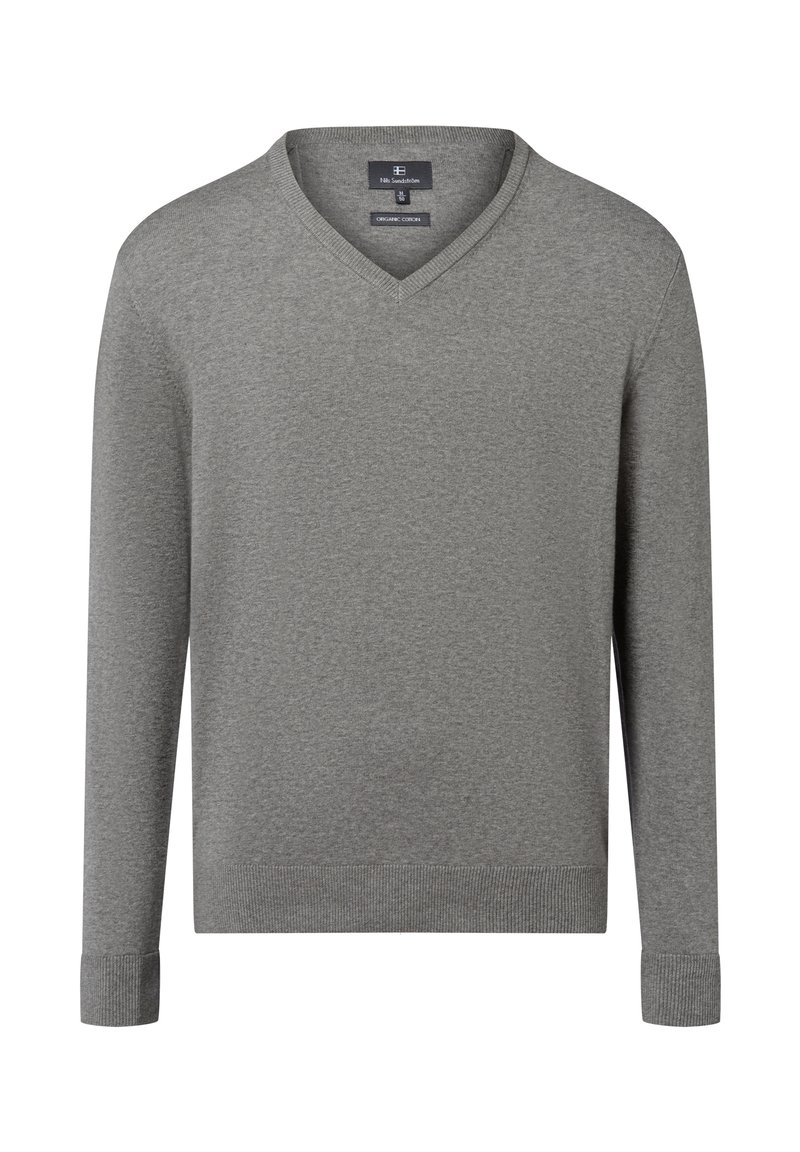 Grauer Organic-Cotton-Pullover mit V-Ausschnitt, langen Ärmeln und gerippten Bündchen. Glatte Textur und ein schlichtes, klassisches Design.