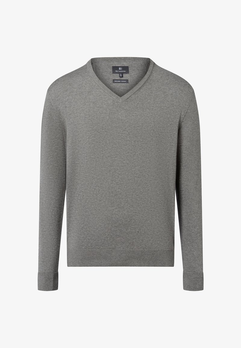 Gray organic cotton sweater with a V-neck, long sleeves, and ribbed cuffs. Smooth texture and a simple, classic design.