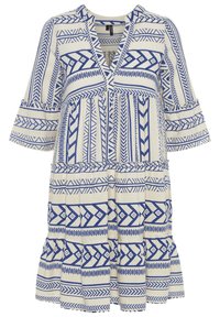 Baumwollkleid mit einem blauen und cremefarbenen geometrischen Muster, V-Ausschnitt, 3/4 Ärmeln und gestuften Rüschensaum.