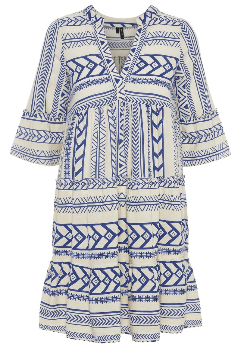 Baumwollkleid mit einem blauen und cremefarbenen geometrischen Muster, V-Ausschnitt, 3/4 Ärmeln und gestuften Rüschensaum.