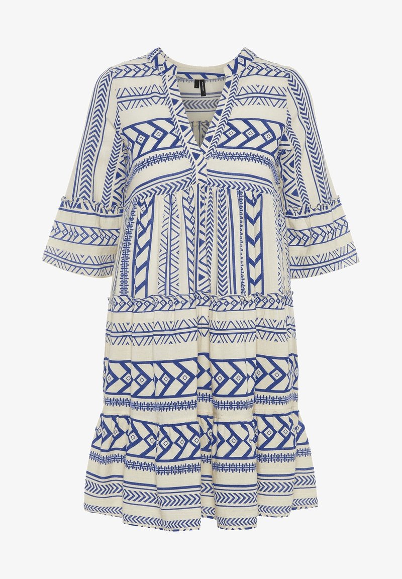 Baumwollkleid mit einem blauen und cremefarbenen geometrischen Muster, V-Ausschnitt, 3/4 Ärmeln und gestuften Rüschensaum.