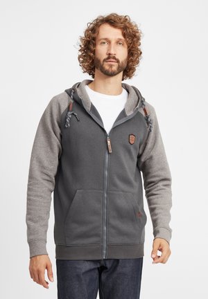Gray zip-up hoodie with a darker body and lighter sleeves. Features a drawstring hood, front pockets, and a logo on the chest.