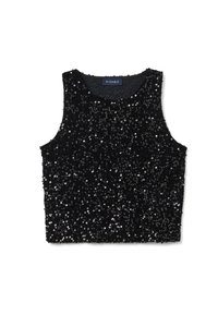 Zwarte Pailletten mouwloze top, textuur met talrijke kleine reflecterende pailletten. Heeft een ronde halslijn en een effen zwarte binnenvoering.