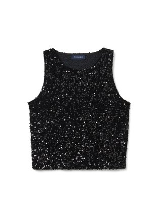 Schwarzes, glitzerndes ärmelloses Top, das mit zahlreichen kleinen reflektierenden Pailletten texturiert ist. Es hat einen runden Ausschnitt und ein schlichtes schwarzes Innenfutter.