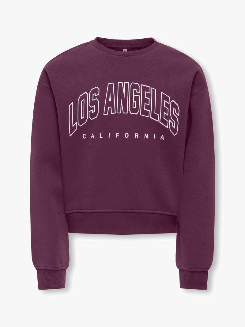 Vīnu krāsas nokarenā džemperī ar baltiem uzrakstiem "LOS ANGELES" izliekta loka formā un "CALIFORNIA" mazākā fontā zemāk. Klasisks apaļš kakls.