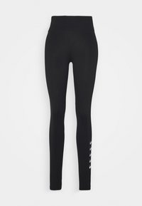Leggings negros con una cintura alta, que presentan un diseño elegante y un acabado texturizado. Acentos notables en blanco a lo largo de la parte inferior de la pierna.