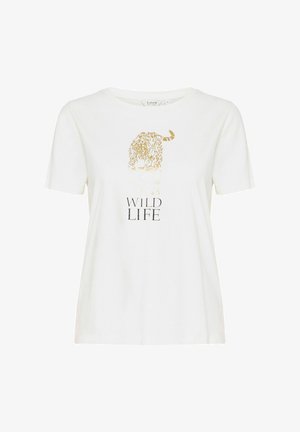 Valge puuvillane T-särk, millel on kuldne leopardi graafika ja must tekst "WILD LIFE" all. Lühikesed varrukad, ümmargune kaelus.